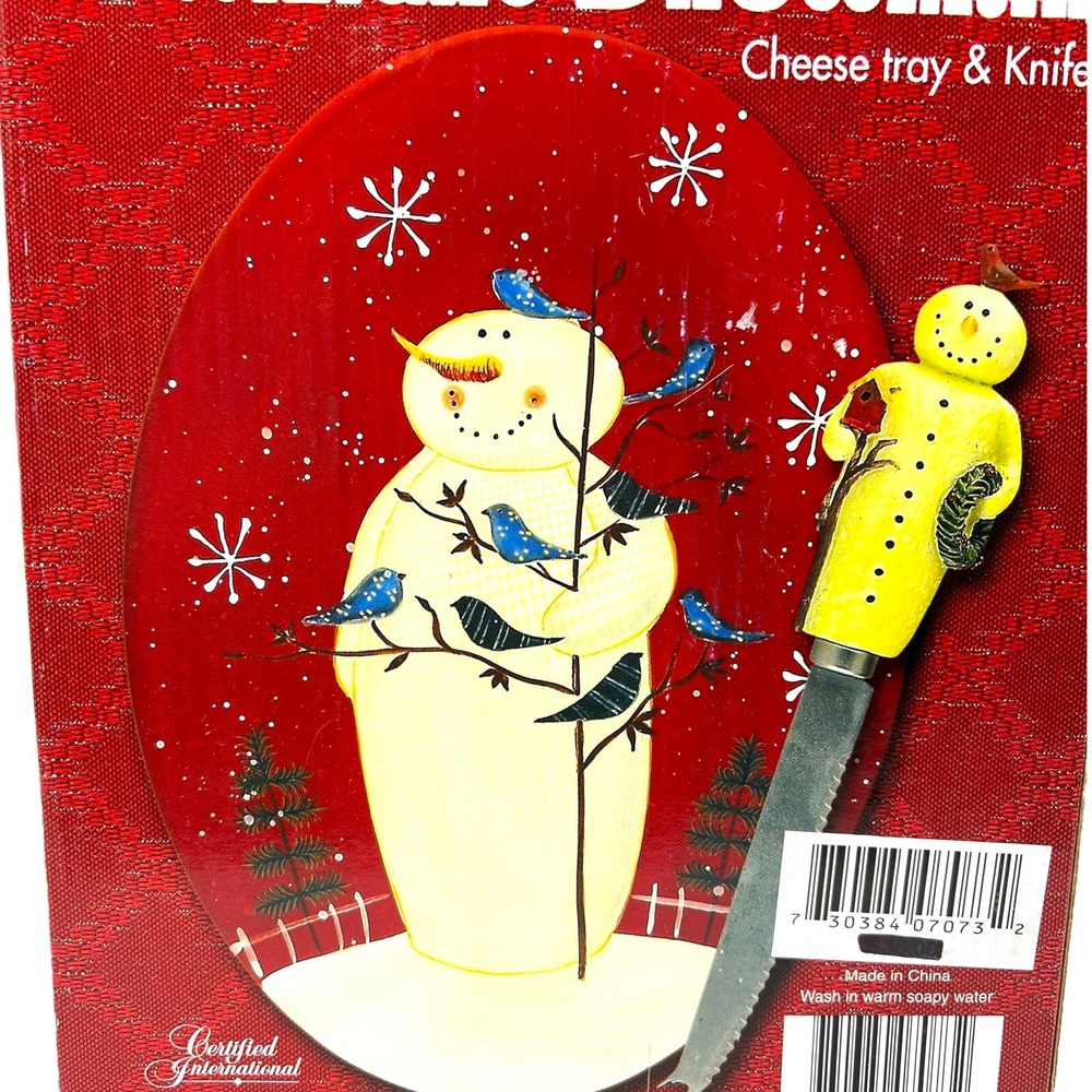 New MARY BETH BAXTER Twilight‎ Snowman Cheese Tray Plate And Knife Bluebirds